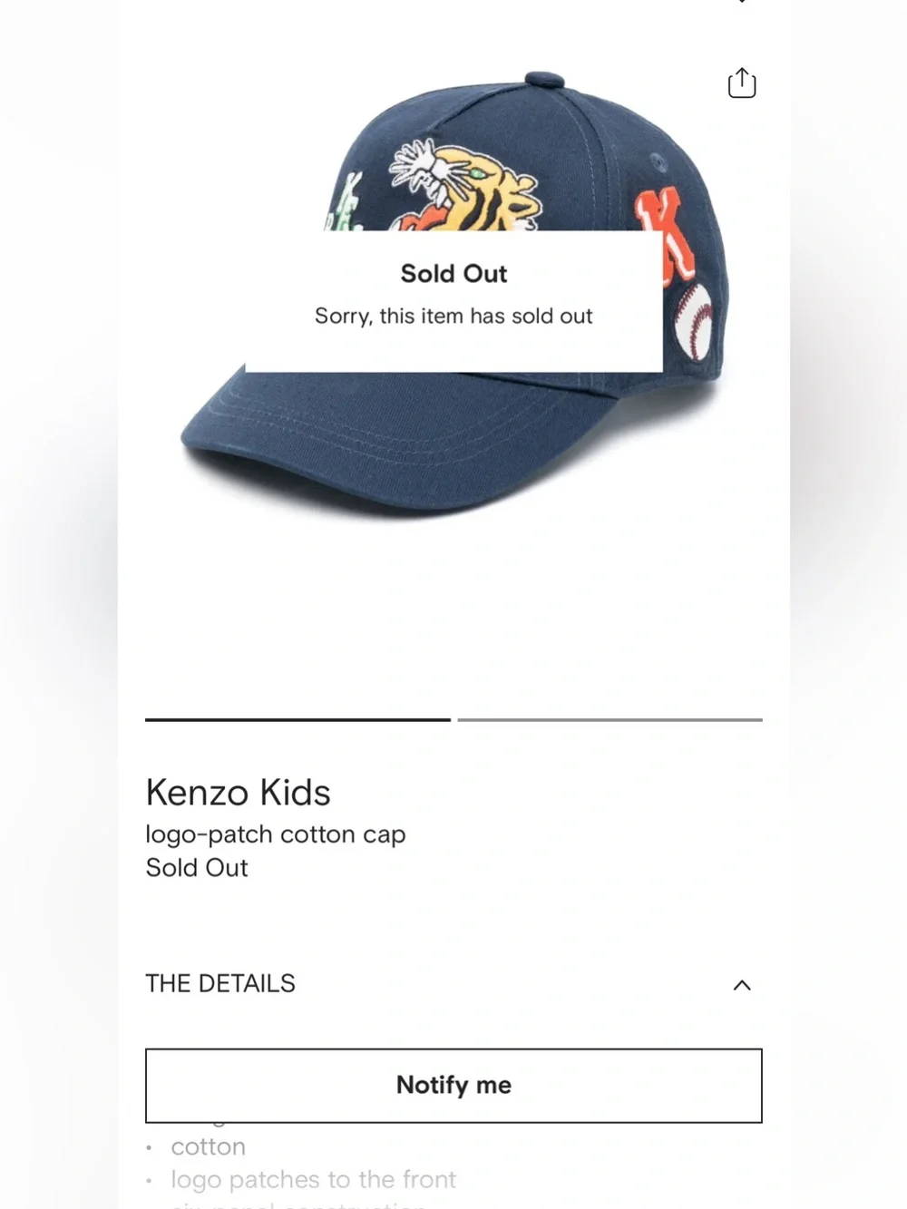 Kenzo Kids Blue Tiger Logo Patch Cotton Baseball Cap Size 52